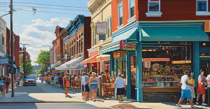 A lively street in East Passyunk featuring colorful storefronts and smiling locals, with various restaurants in the background.
