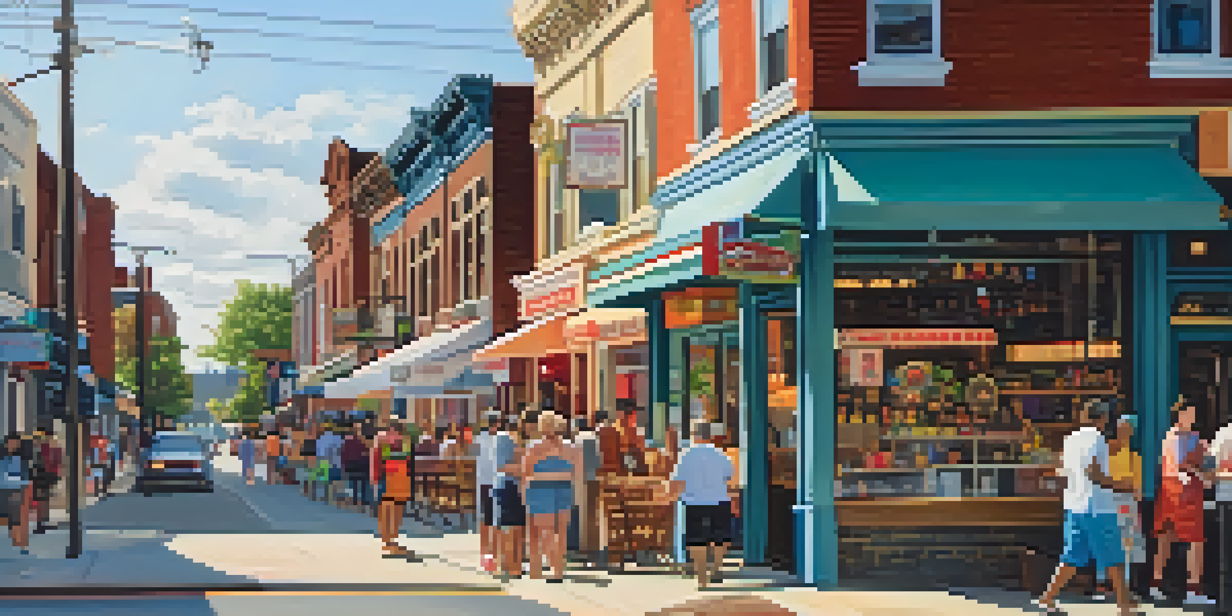 A lively street in East Passyunk featuring colorful storefronts and smiling locals, with various restaurants in the background.