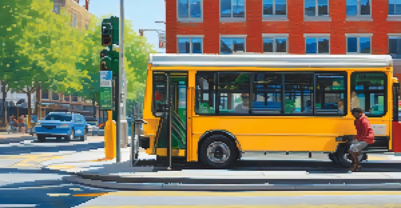 A modern electric bus at a Philadelphia bus stop with a woman waiting and a child playing in a vibrant, green setting.