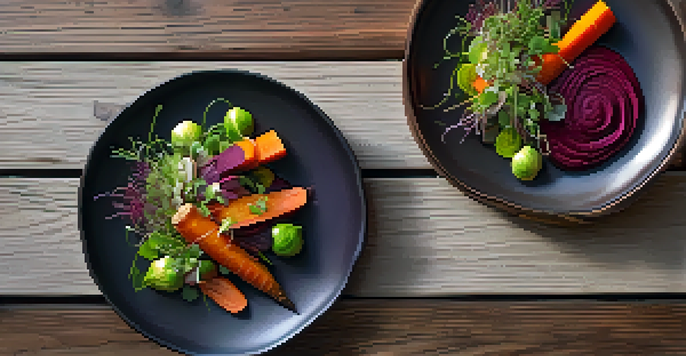 A vibrant vegan dish showcasing roasted carrots, Brussels sprouts, and beet puree, beautifully garnished with microgreens on a rustic wooden table.