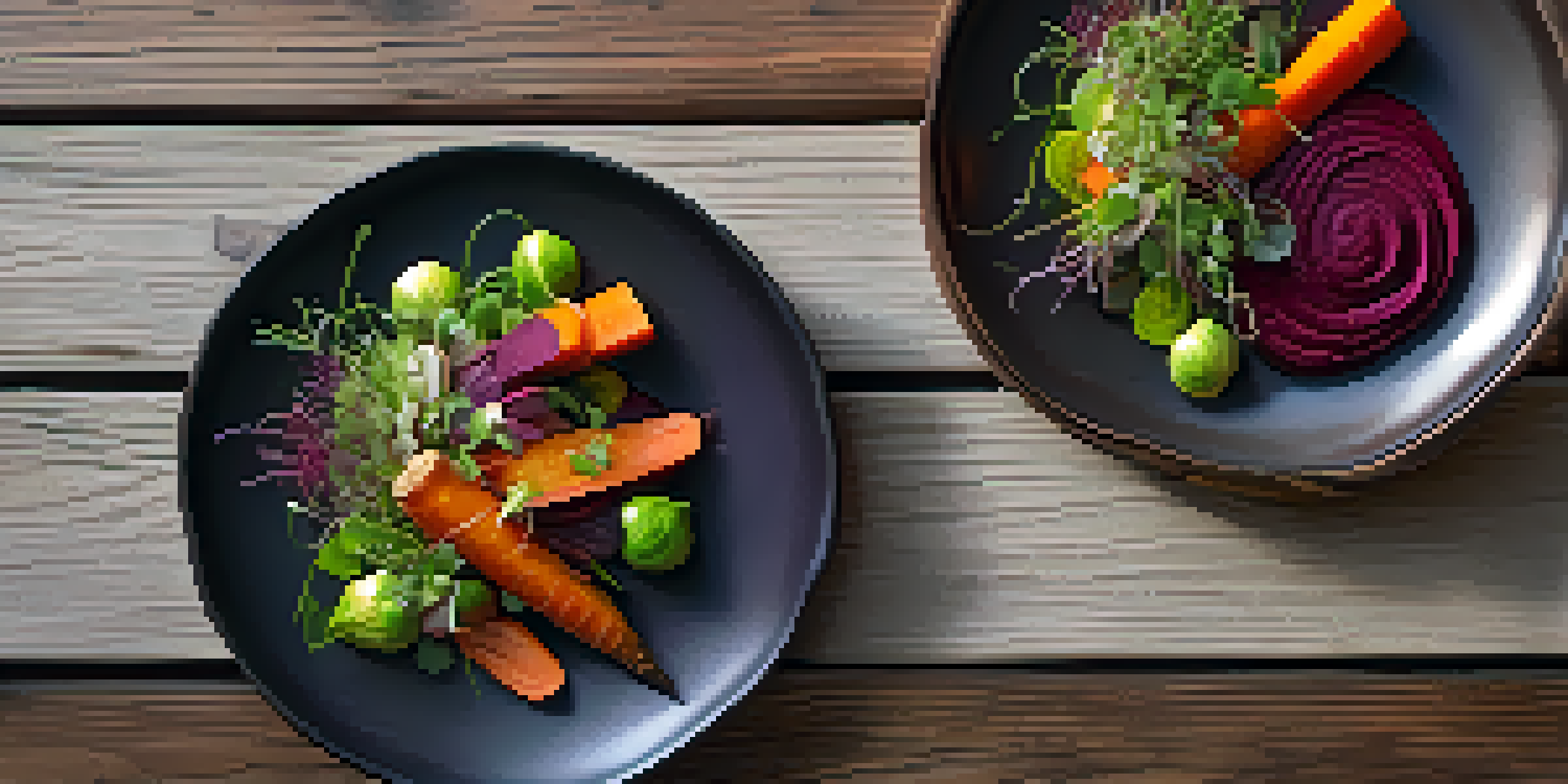 A vibrant vegan dish showcasing roasted carrots, Brussels sprouts, and beet puree, beautifully garnished with microgreens on a rustic wooden table.