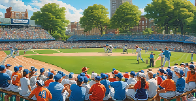 A community baseball game in Philadelphia, showing young players in colorful uniforms and cheering spectators, creating a lively atmosphere.