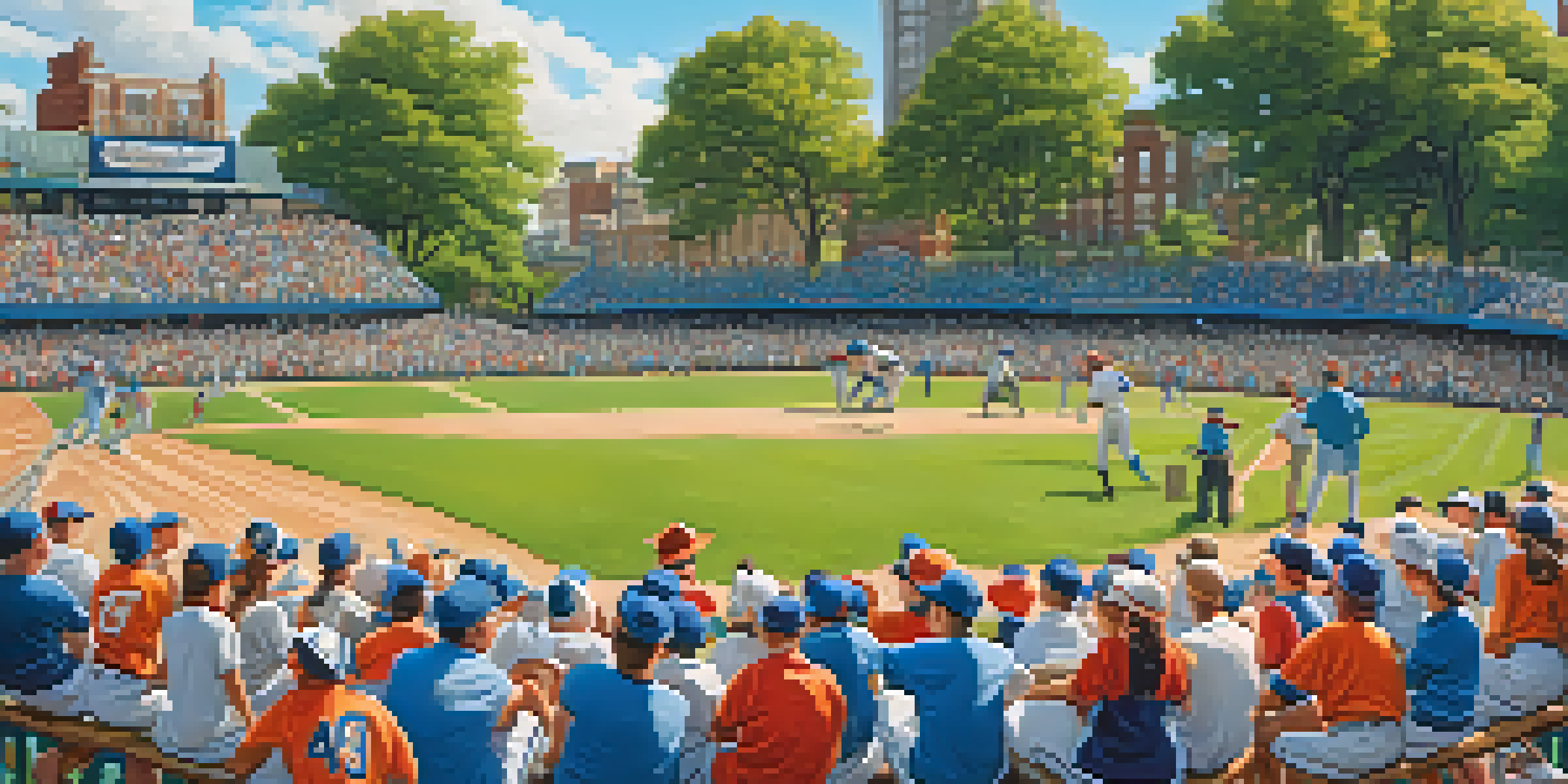 A community baseball game in Philadelphia, showing young players in colorful uniforms and cheering spectators, creating a lively atmosphere.