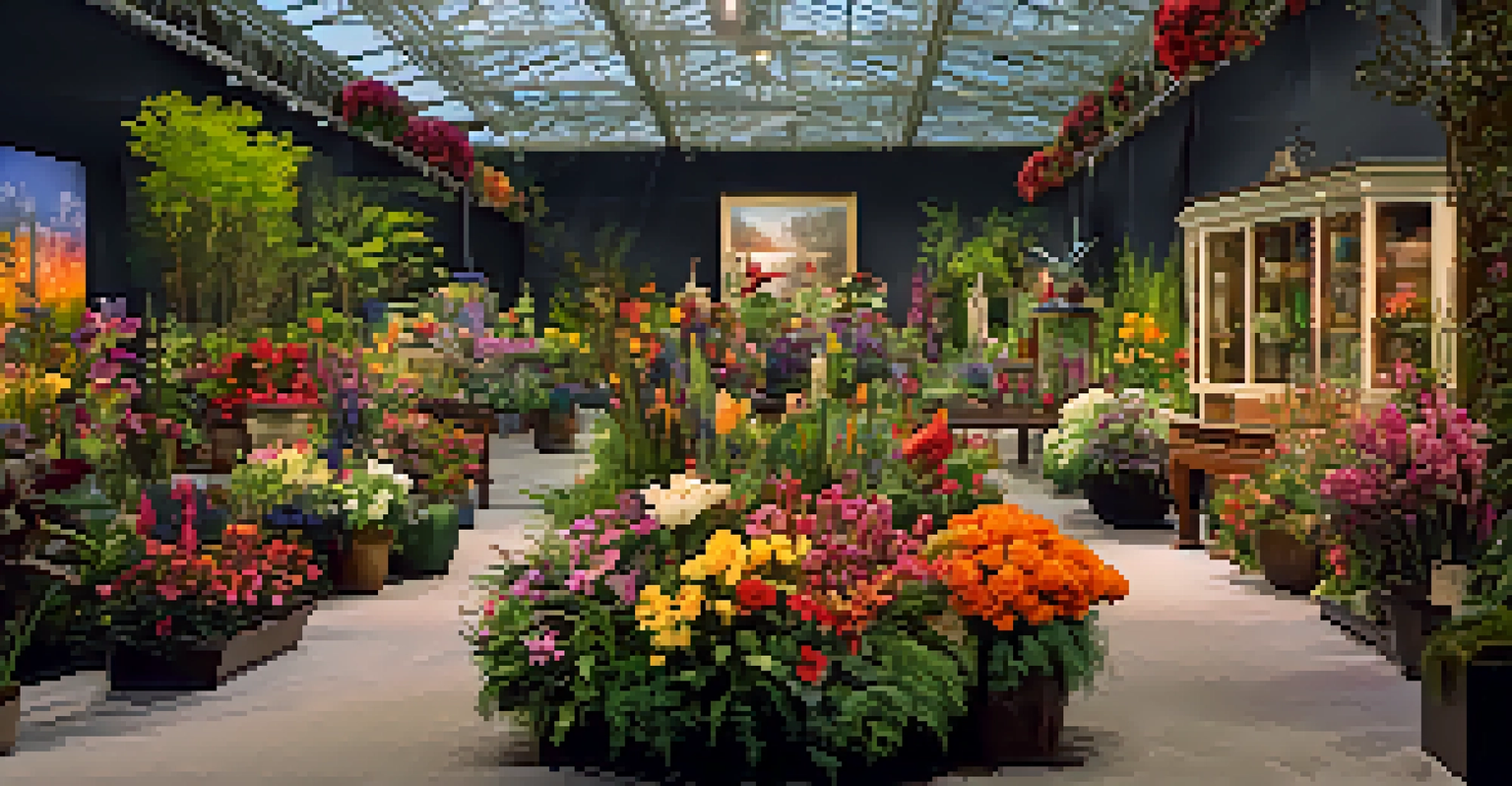 An indoor floral exhibition with colorful flowers and plants on display, with visitors admiring the arrangements.