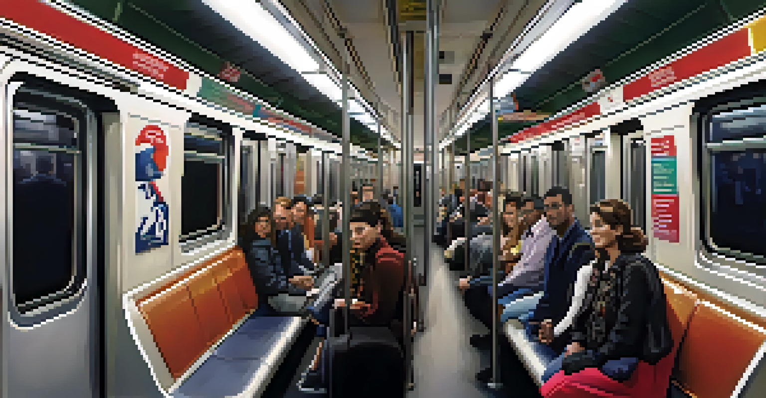 Inside a SEPTA subway train in Philadelphia, showing passengers seated and standing, colorful seat cushions, and a view of the city outside the window.