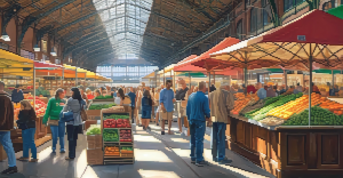A bustling market filled with colorful food displays and diverse visitors, illuminated by warm sunlight.