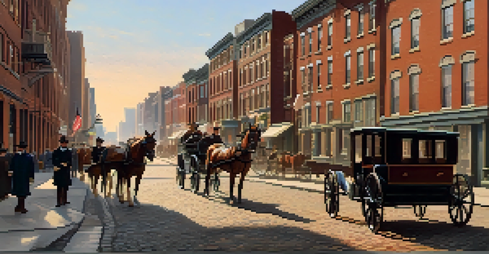 A historical street scene in Philadelphia with horse-drawn carriages and trolleys, showcasing people in 19th-century attire against a sunset backdrop.