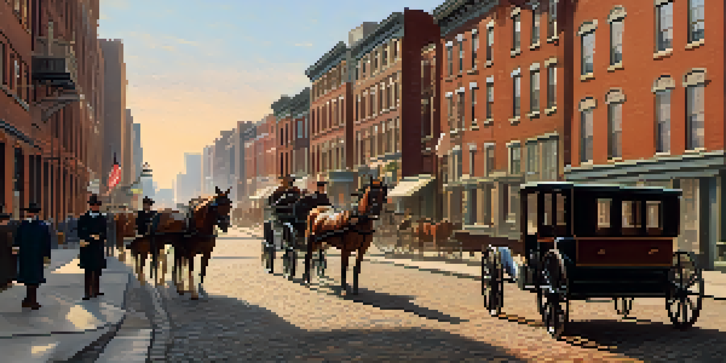 A historical street scene in Philadelphia with horse-drawn carriages and trolleys, showcasing people in 19th-century attire against a sunset backdrop.
