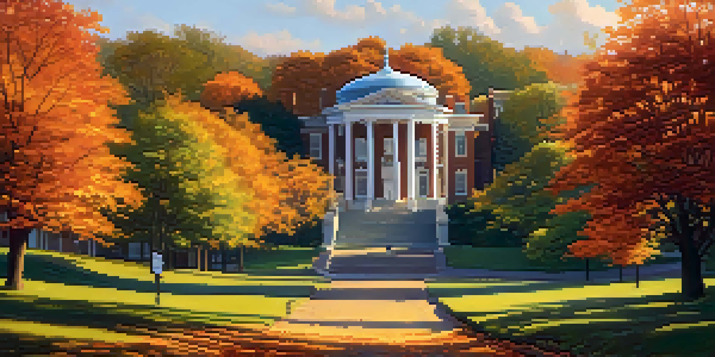A picturesque autumn scene in Fairmount Park, with colorful leaves, trails, and a historic mansion illuminated by sunlight.