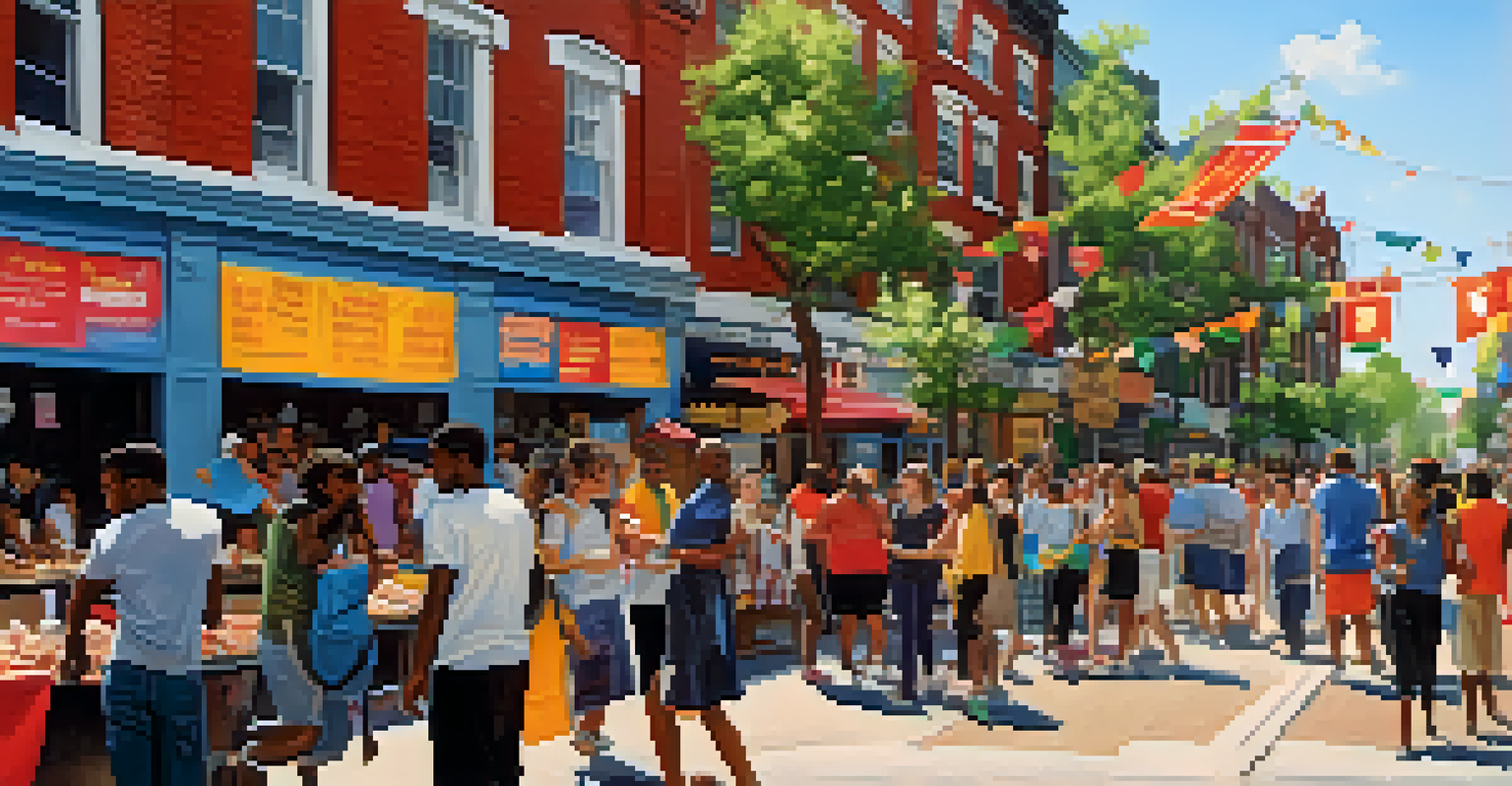 A festive street scene outside a Philadelphia university with students and locals enjoying food, art, and music during a cultural festival.