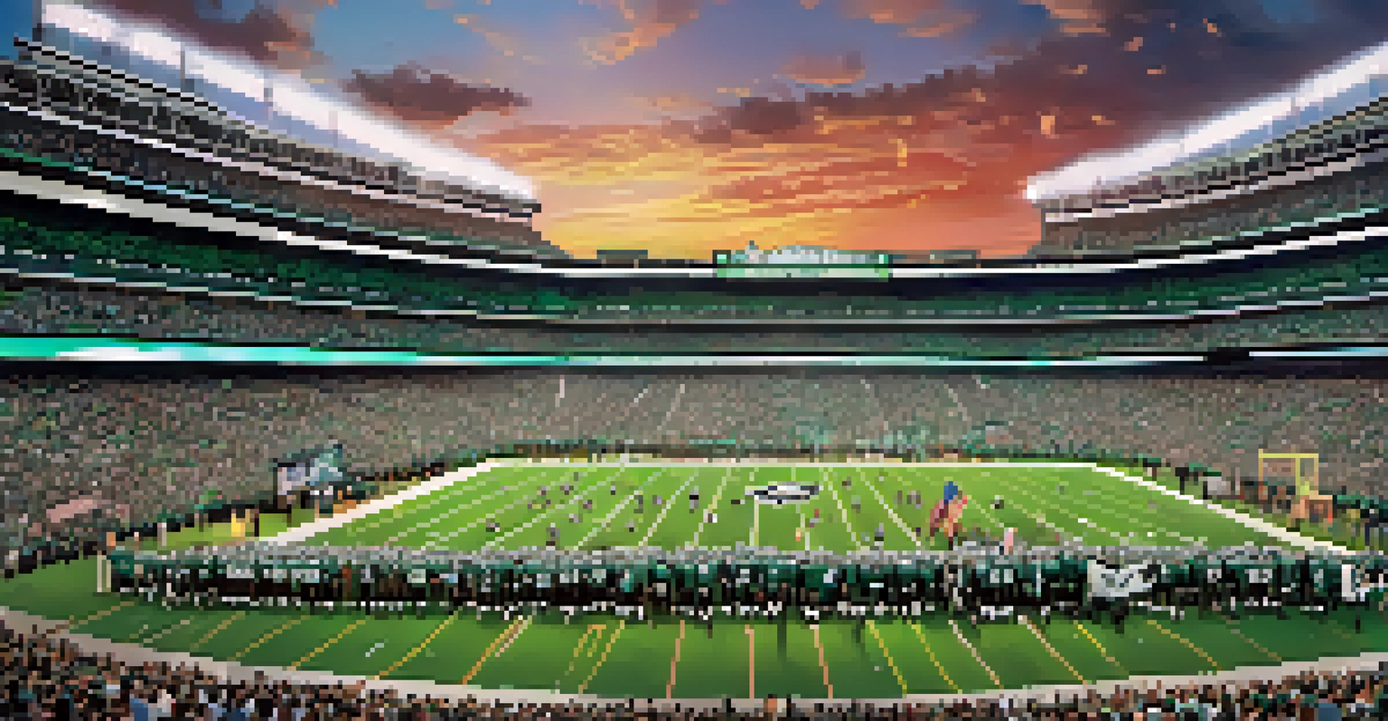 A lively football game featuring the Philadelphia Eagles, with fans cheering and players in action under stadium lights.
