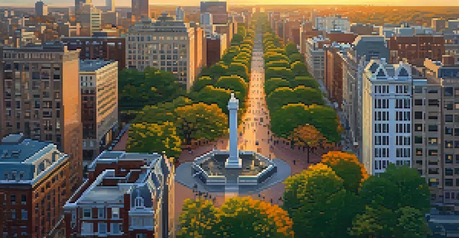 An aerial sunset view of Rittenhouse Square with colorful skies and illuminated park activities.