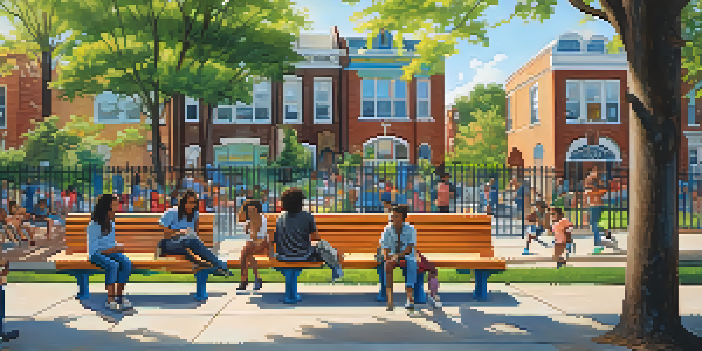A lively community park in Philadelphia with a colorful mural, people of various backgrounds enjoying the space, and lush greenery in the sunlight.