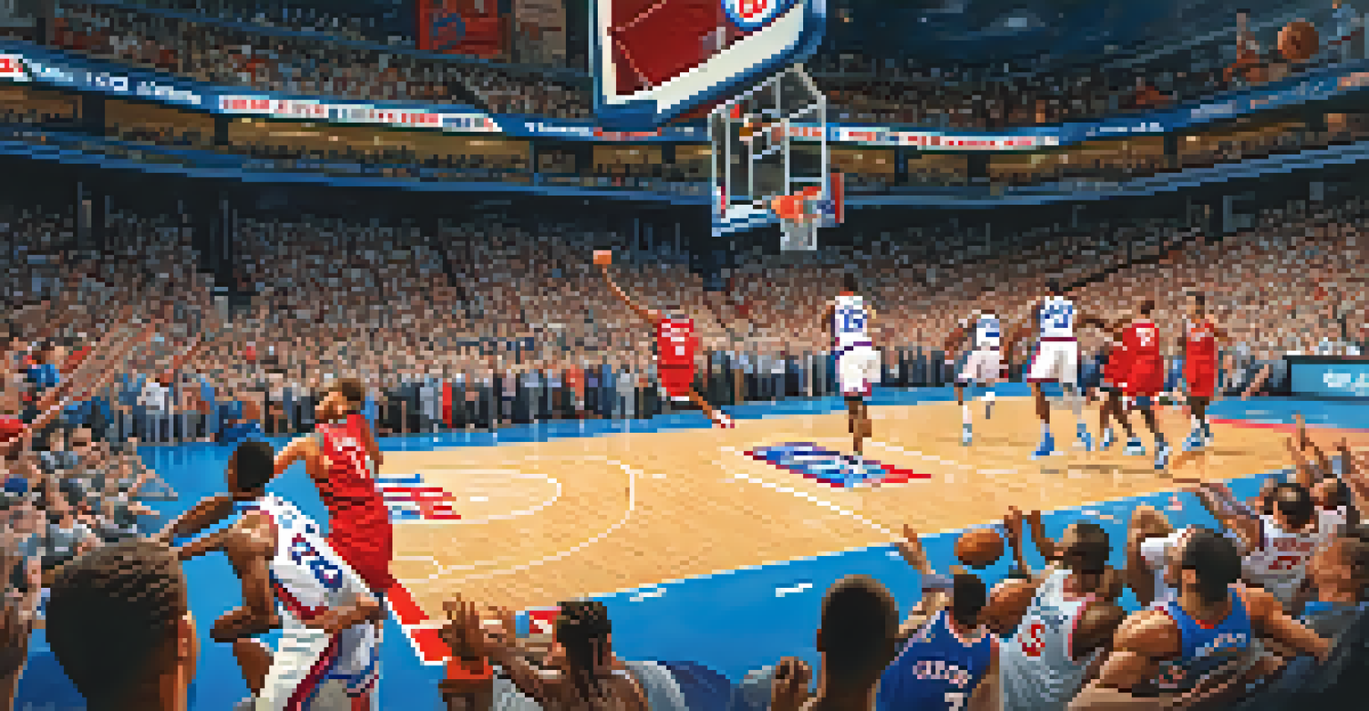 A basketball player from the Philadelphia 76ers performing a slam dunk during an exciting game with fans cheering.
