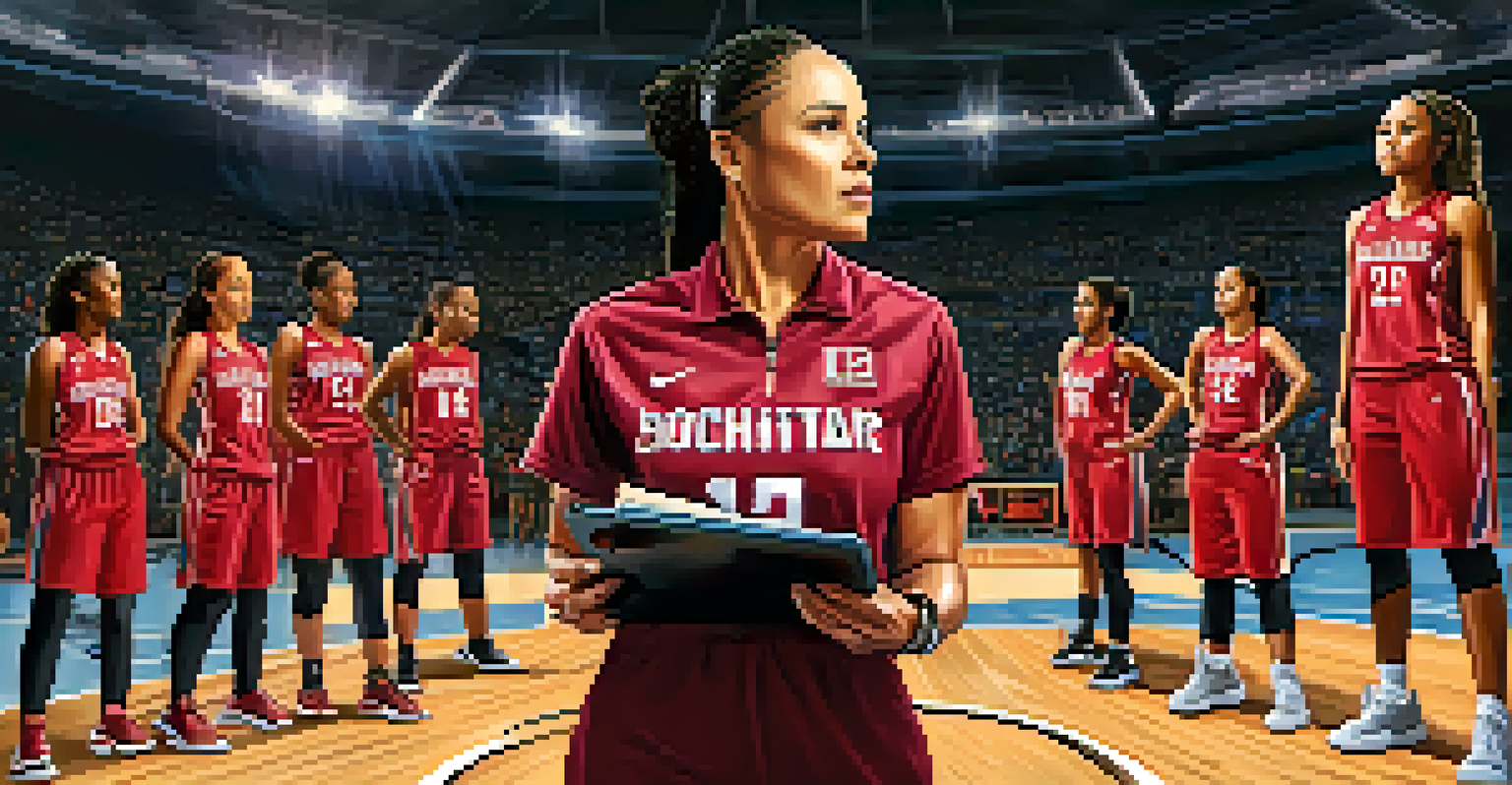 Dawn Staley coaching young female basketball players on the court, showcasing leadership and inspiration.