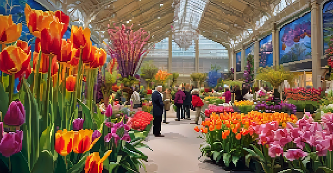 A colorful display of flowers at the Philadelphia Flower Show with visitors admiring the arrangements.