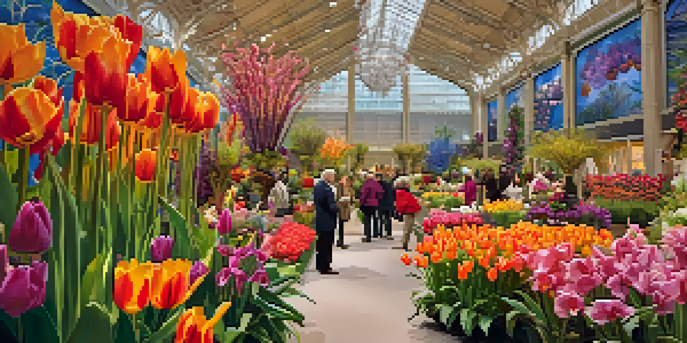 A colorful display of flowers at the Philadelphia Flower Show with visitors admiring the arrangements.