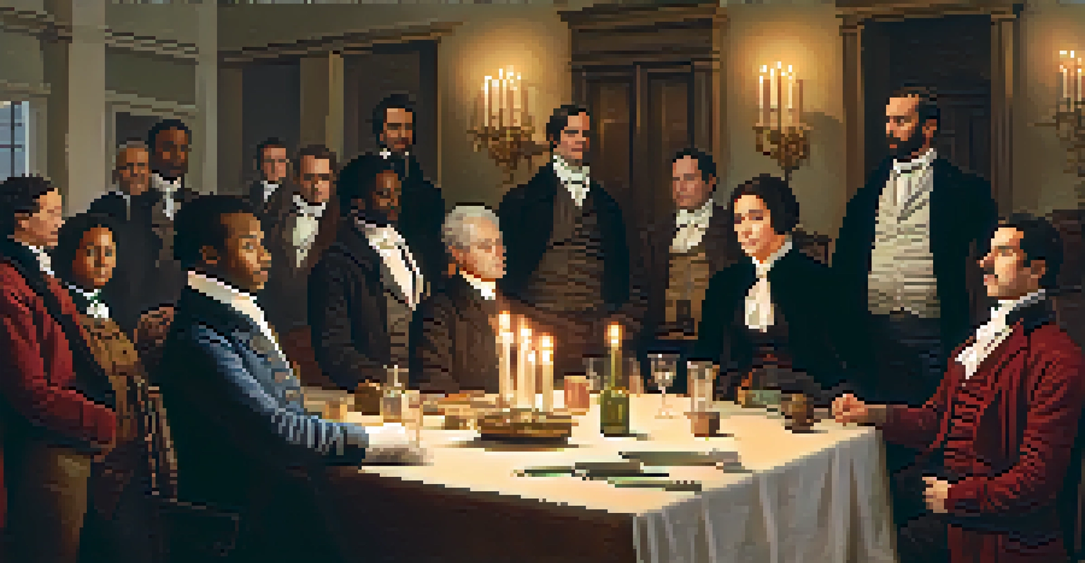 A historical scene with abolitionist activists in Philadelphia, dressed in period clothing, engaged in a passionate discussion in a softly lit room.