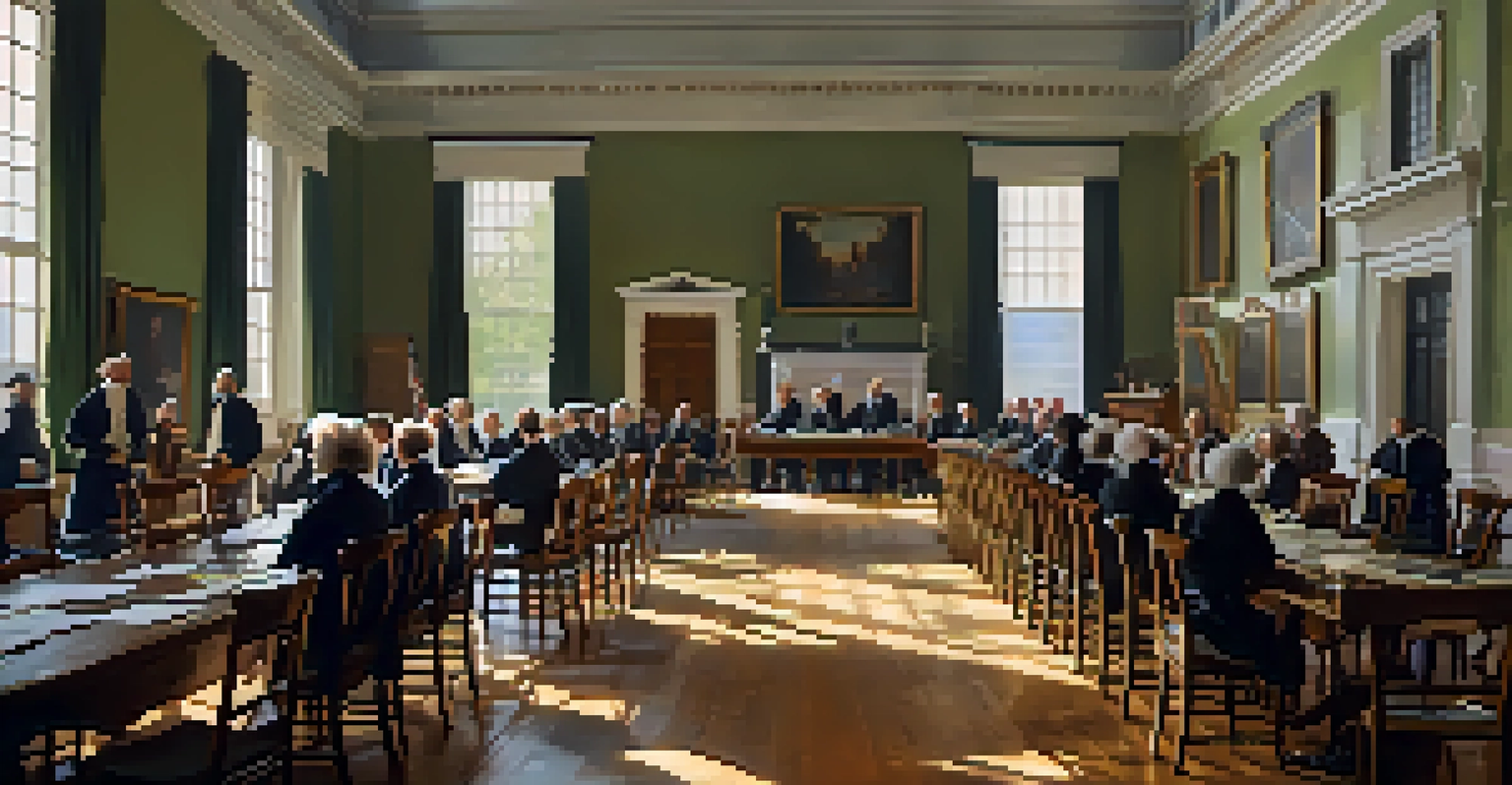 The interior of Independence Hall's Assembly Room, with delegates in historical attire engaged in discussion around a large table.