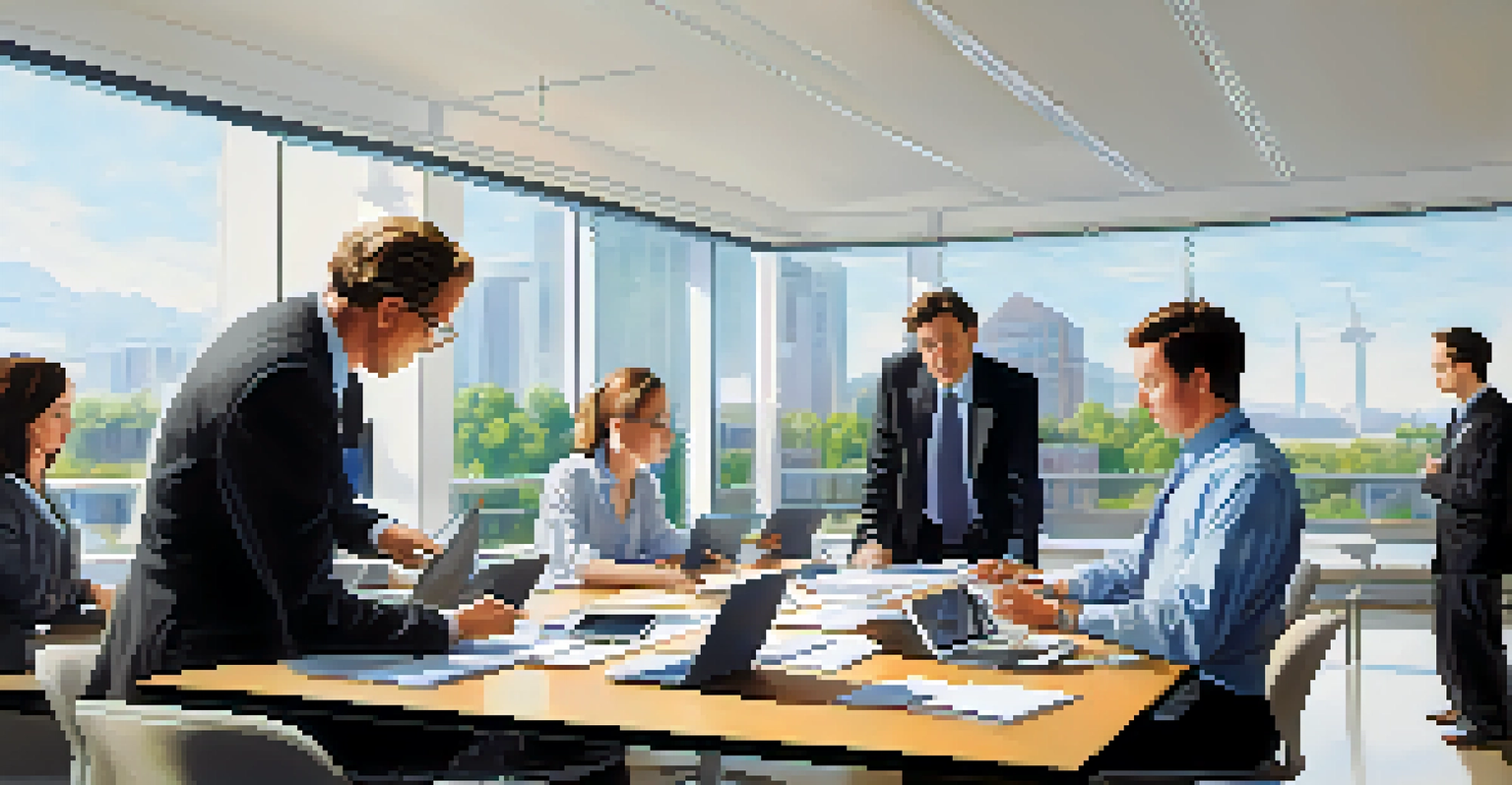 A diverse group of researchers and business professionals collaborating in a modern conference room, surrounded by high-tech devices and bright sunlight.