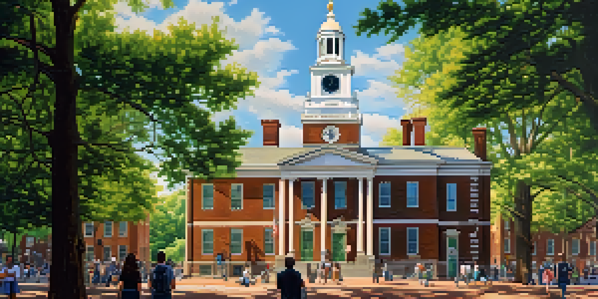 Independence Hall with a clock tower, surrounded by trees and visitors under a clear blue sky.