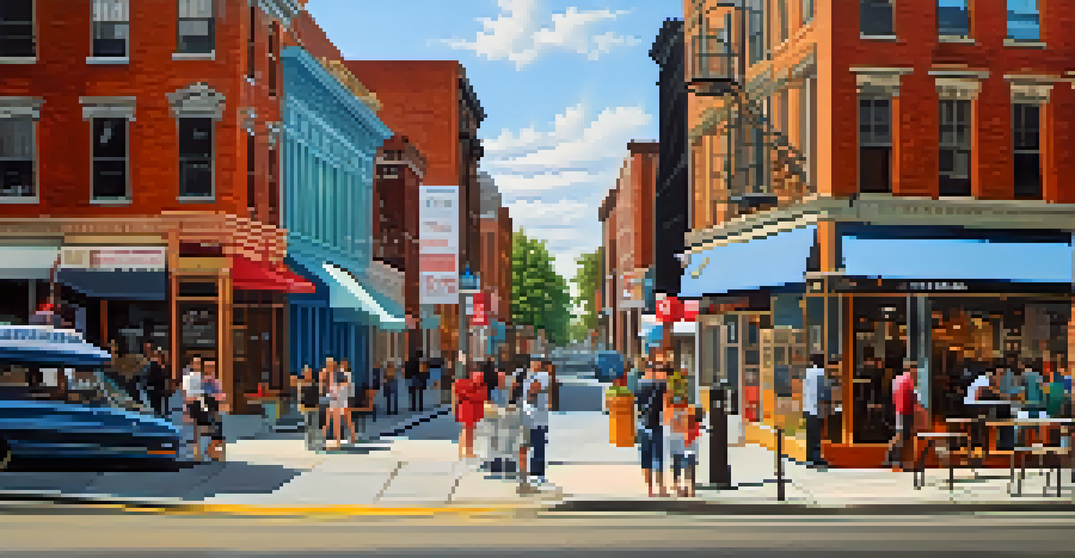A lively Philadelphia street with historic buildings, modern architecture, and colorful street art.