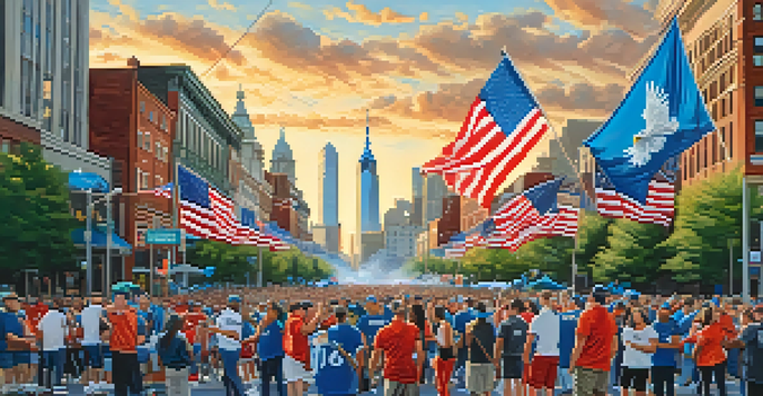 A lively street scene in Philadelphia with fans in Eagles jerseys celebrating on game day, showcasing the city's skyline and a colorful atmosphere.
