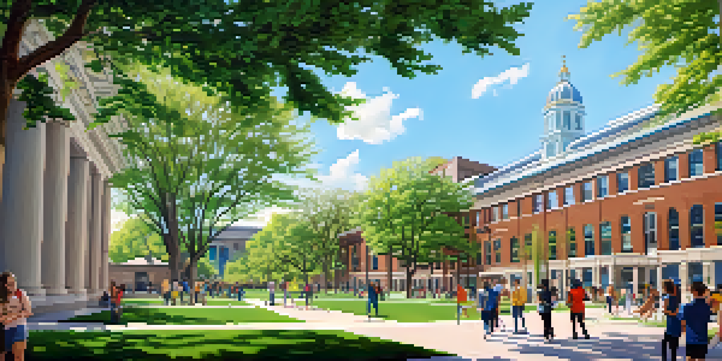 A college campus in Philadelphia with diverse students collaborating outdoors under a clear blue sky.