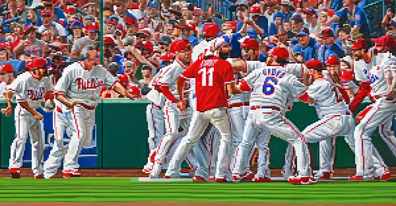 Fans in red and white jerseys cheering during a tense moment at a Phillies vs. Mets baseball game at Citizens Bank Park.