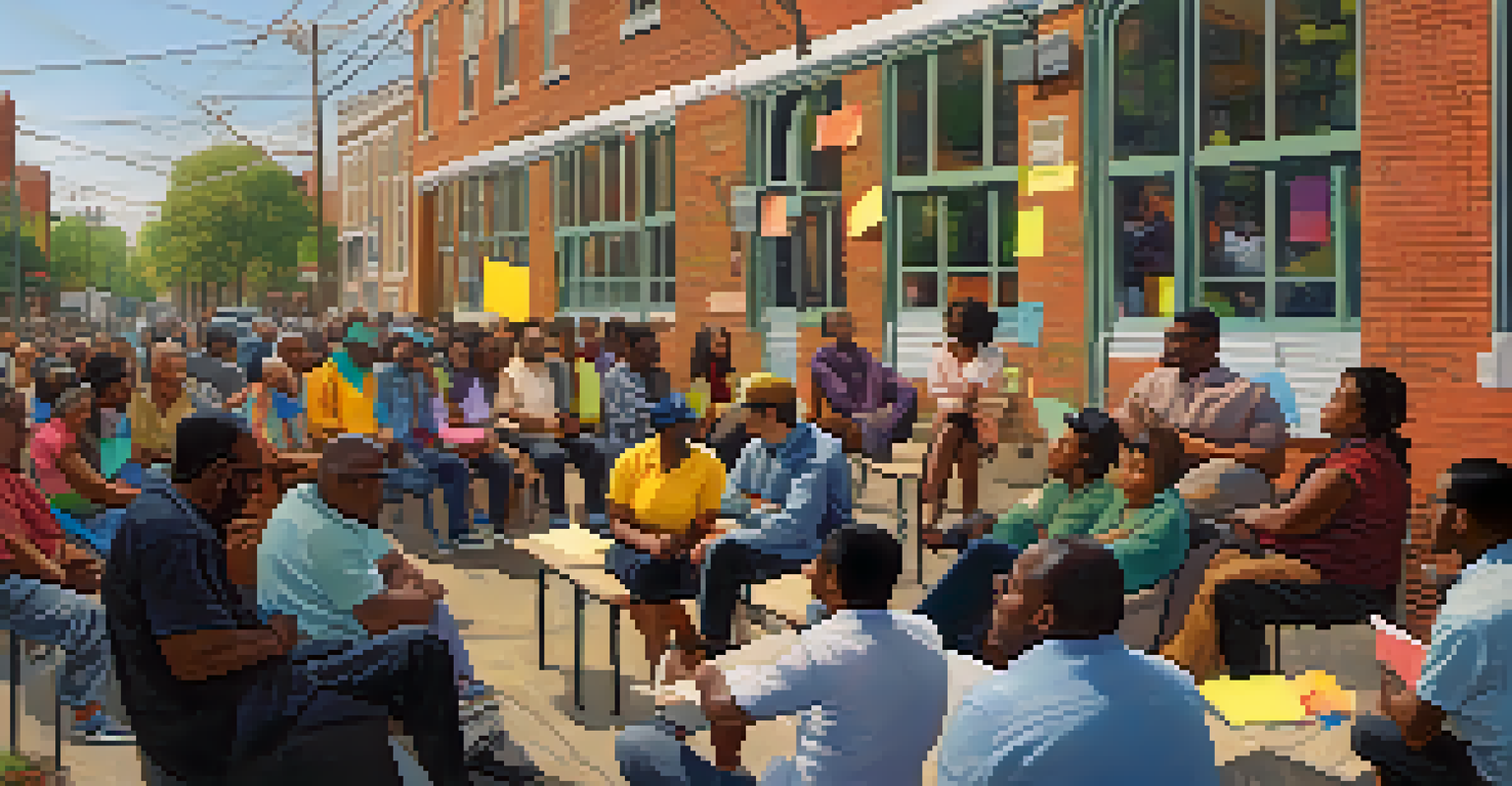 Residents in a Philadelphia community meeting discussing public transportation improvements with a map in the background.