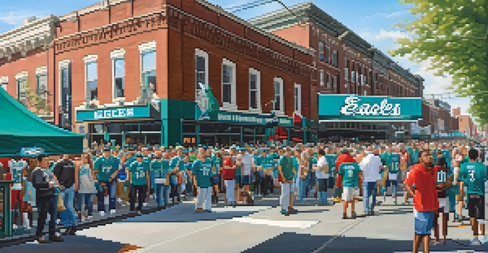 A lively street filled with Philadelphia Eagles fans wearing jerseys, celebrating outside Lincoln Financial Field on game day.