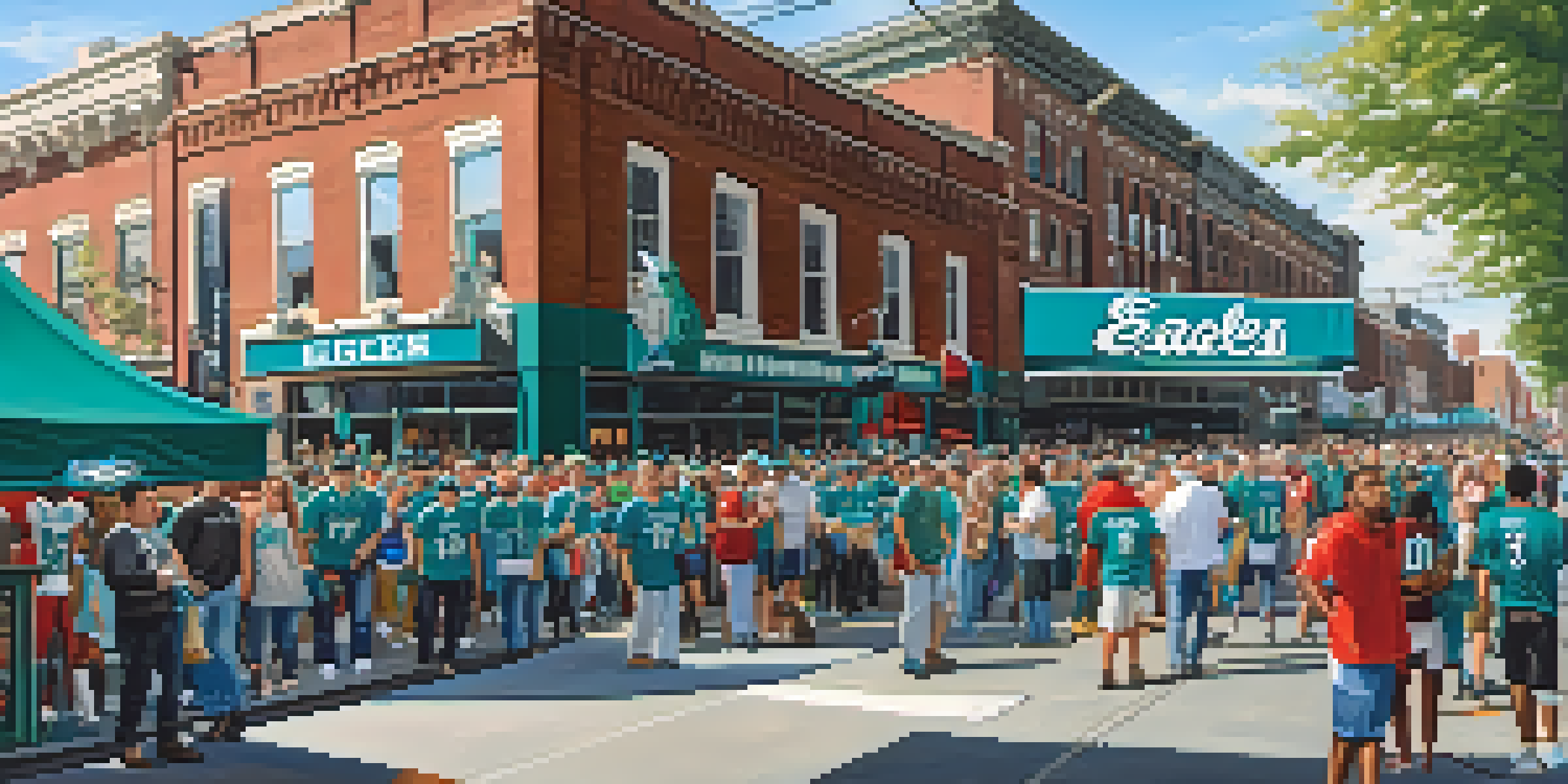 A lively street filled with Philadelphia Eagles fans wearing jerseys, celebrating outside Lincoln Financial Field on game day.