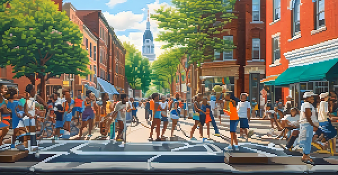 A colorful mural showing a diverse community in Philadelphia, with people interacting in a lively outdoor setting under sunlight.