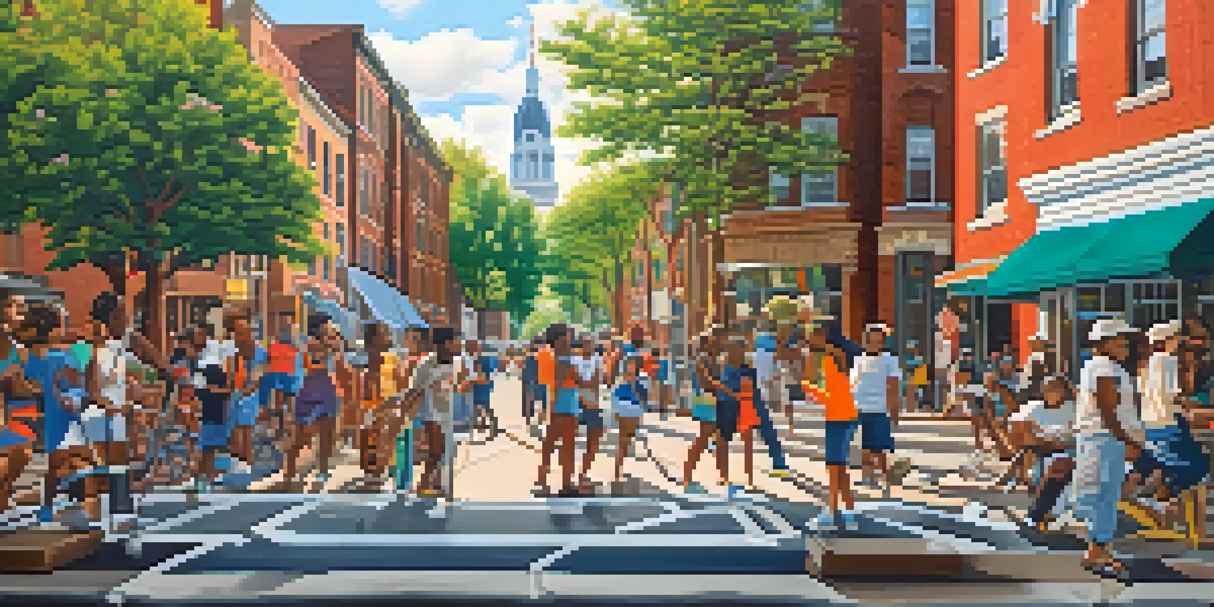A colorful mural showing a diverse community in Philadelphia, with people interacting in a lively outdoor setting under sunlight.