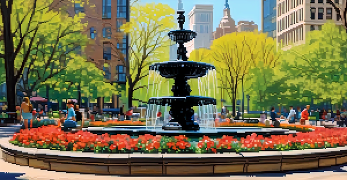 A picturesque park scene in Rittenhouse Square with blooming flowers, a fountain, and people enjoying the outdoors.