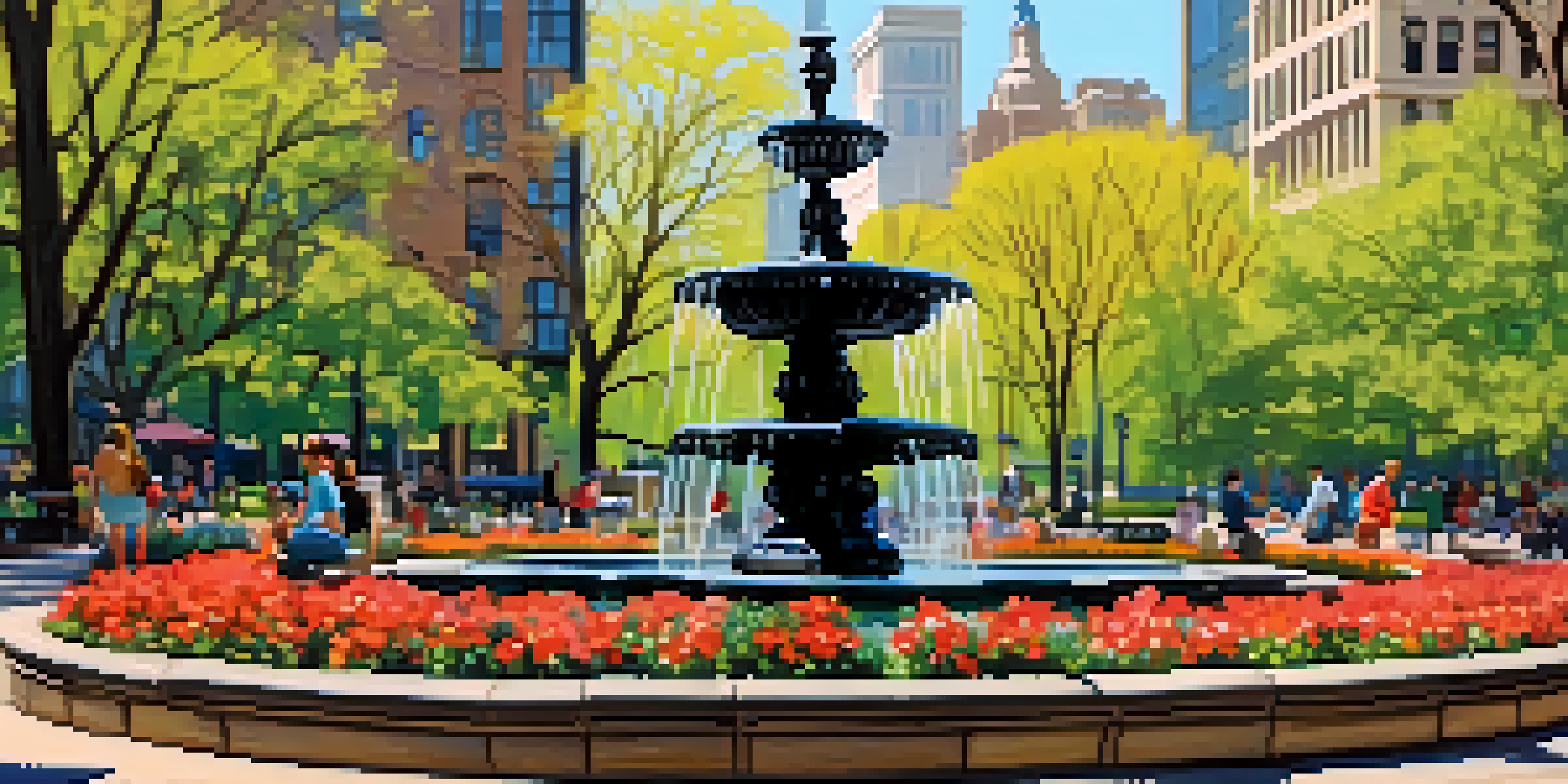 A picturesque park scene in Rittenhouse Square with blooming flowers, a fountain, and people enjoying the outdoors.