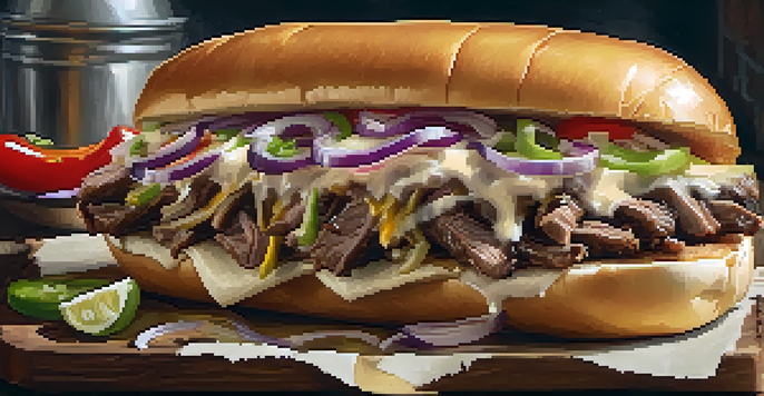 A close-up of a Philly cheesesteak sandwich with grilled beef, onions, and melted cheese, on a wooden table surrounded by fresh ingredients.