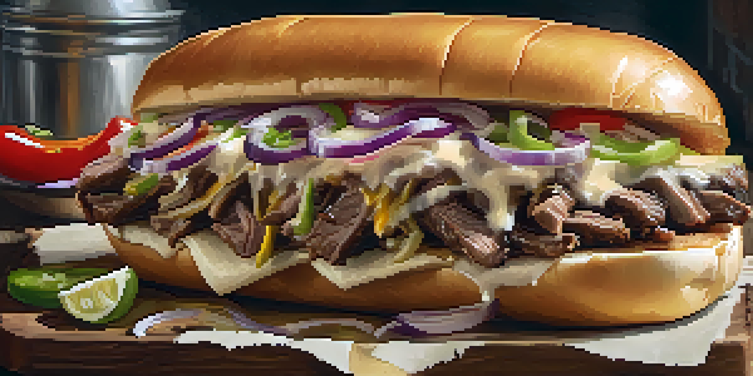 A close-up of a Philly cheesesteak sandwich with grilled beef, onions, and melted cheese, on a wooden table surrounded by fresh ingredients.