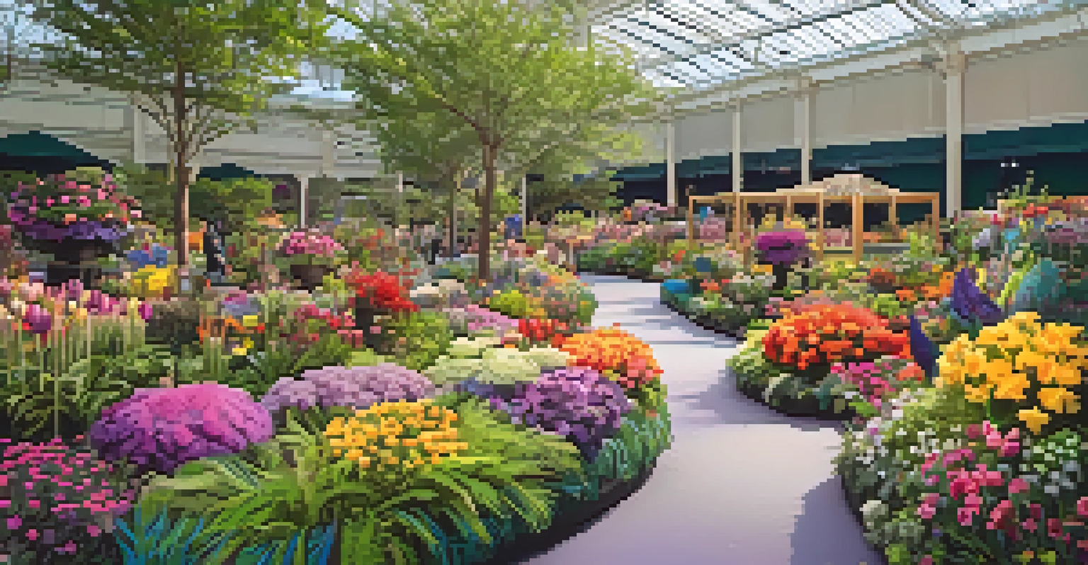Families enjoying the colorful floral displays at the Philadelphia Flower Show, with children planting seeds among vibrant flowers.