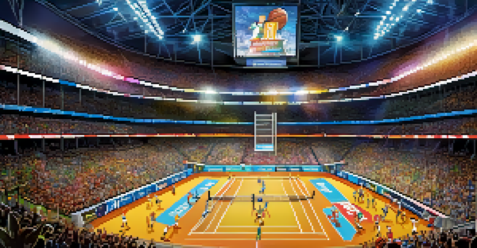 A crowded sports venue during a major event, filled with cheering fans and bright lights.