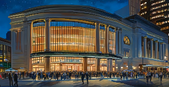 A lively theater night at the Kimmel Center in Philadelphia, with people in formal wear entering the building, illuminated against a twilight sky.