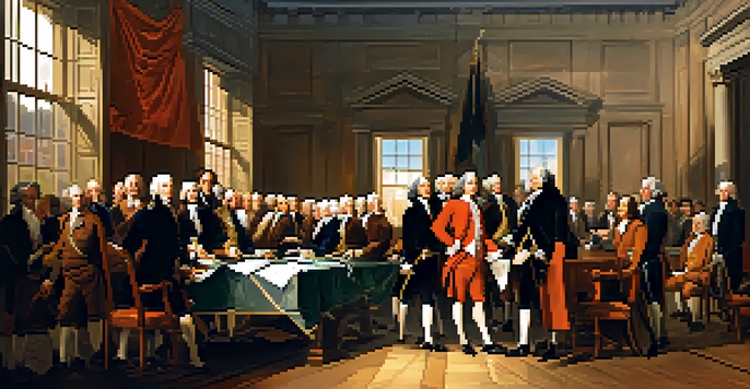 A gathering of delegates at the Continental Congress in Philadelphia, engaged in a heated debate about independence, surrounded by a sunlit historic room.