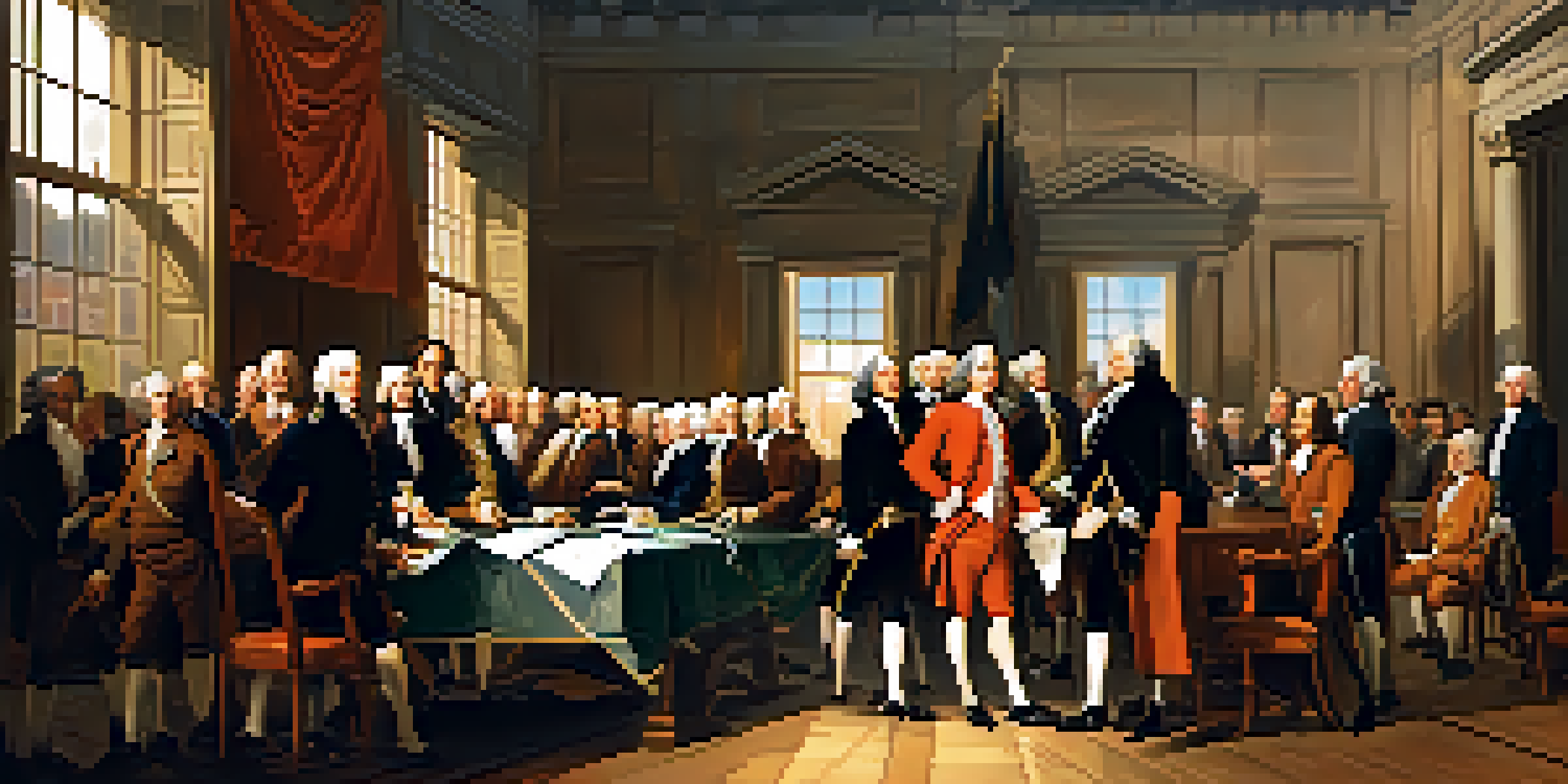 A gathering of delegates at the Continental Congress in Philadelphia, engaged in a heated debate about independence, surrounded by a sunlit historic room.