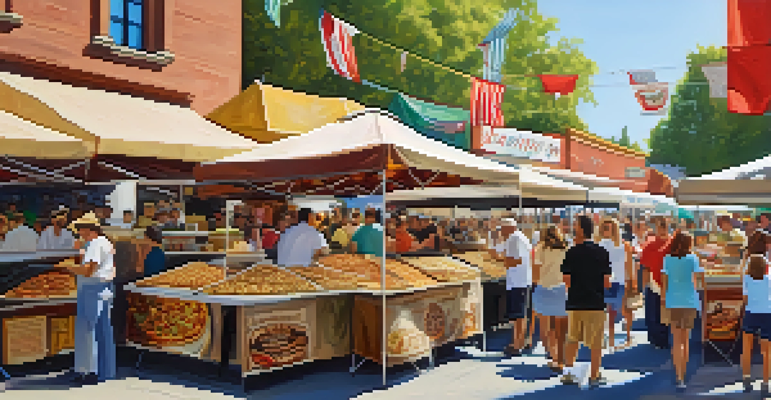A busy Italian market festival with vendors selling authentic Italian food, lively crowds, and colorful decorations.