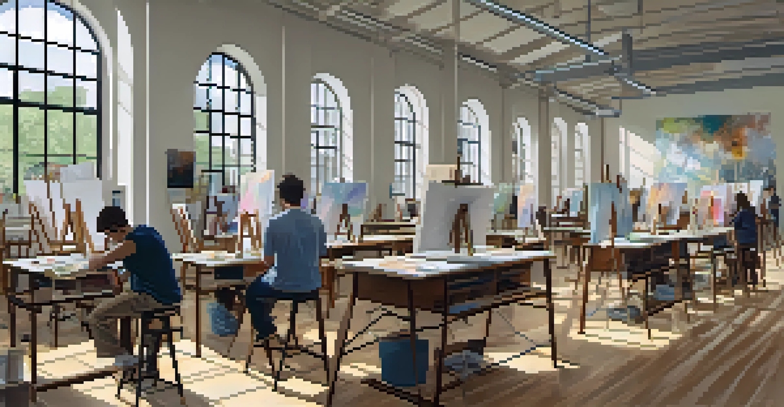Students engaged in artistic activities in a bright art school studio in Philadelphia, with easels, sculptures, and digital media workspaces.