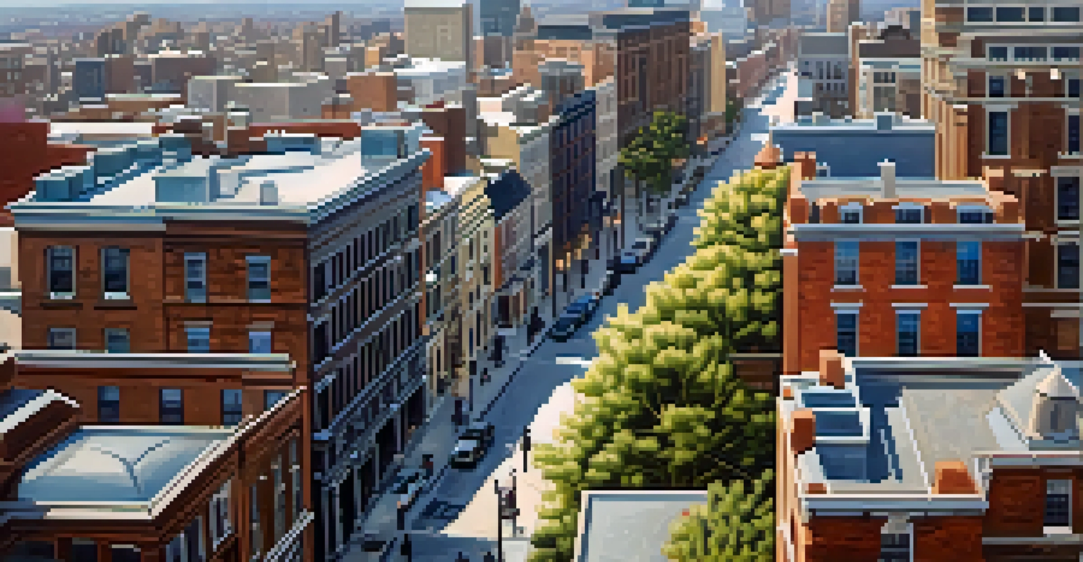 Aerial view of Old City Philadelphia, showcasing cobblestone streets, modern buildings, and the Liberty Bell under a clear sky.