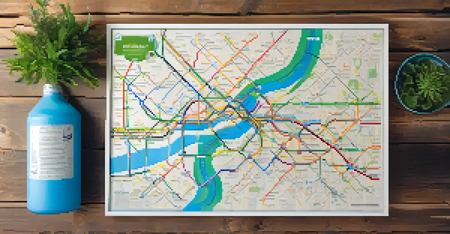 Close-up of a Philadelphia transit map showing eco-friendly routes, surrounded by a reusable water bottle and a plant on a wooden table.
