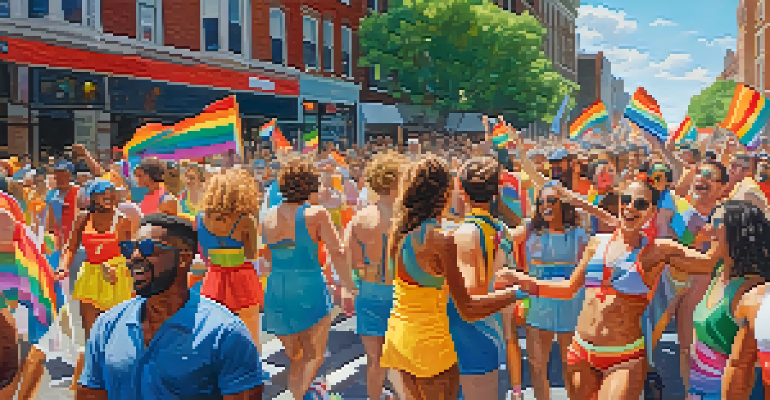 Participants celebrating at the Philadelphia Pride Parade with colorful costumes and rainbow flags.
