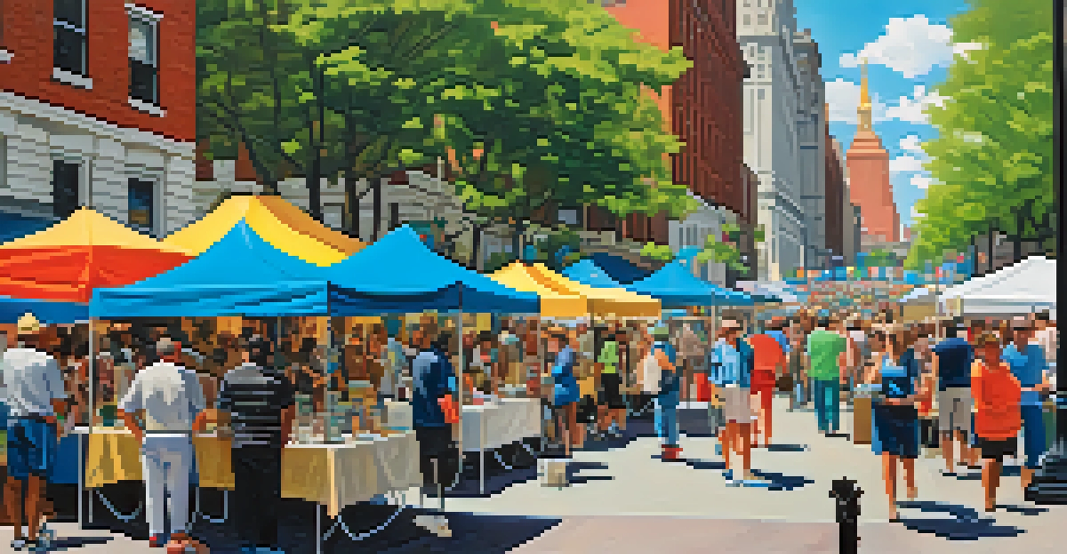 A lively community art fair in Philadelphia with local artists showcasing their colorful artwork, surrounded by visitors and urban greenery.