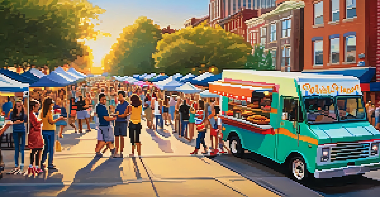 A vibrant food truck festival with people enjoying food and live music in Philadelphia.